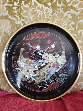 Vintage Japanese Lacquerware Tray/platter Peacock And Peony